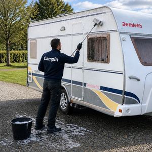 Buitenschoonmaak caravan door Campin Medewerker van Campin reinigt de buitenzijde van een caravan met professioneel materiaal