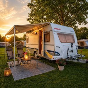 Comfort pakket caravan met buitentafel, stoelen en verlichting Comfort pakket caravan met buitentafel, stoelen, buitenkleed en sfeerverlichting bij de luifel