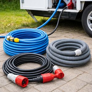 Extra slang en stroomkabel voor mobiele badkamer Extra water- en afvoerslang met stroomkabel voor mobiele badkamer aansluiting