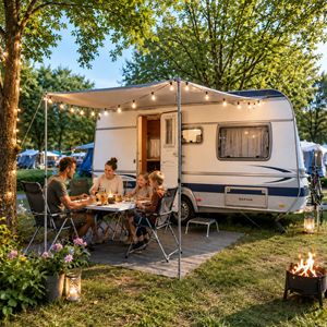Fendt Saphir caravan met airco en mover op camping, inclusief mogelijkheid voor luifel of voortent.