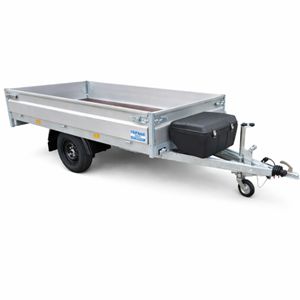Zijaanzicht van Hapert Azure H-1 plateauwagen 1350kg met dissel en opbergkist