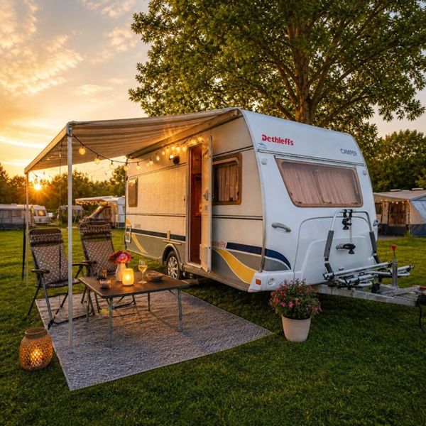 Comfort pakket caravan met buitentafel, stoelen en verlichting Comfort pakket caravan met buitentafel, stoelen, buitenkleed en sfeerverlichting bij de luifel