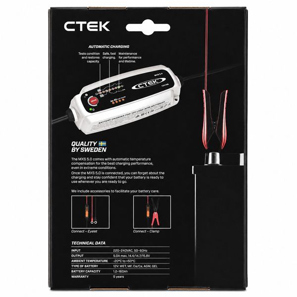 CTEK MXS 5.0 achterzijde Achterzijde van de verpakking van de CTEK MXS 5.0 acculader