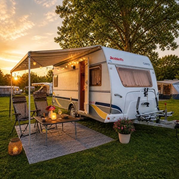 Dethleffs caravan te huur met mover en airco, buitenaanzicht op de camping