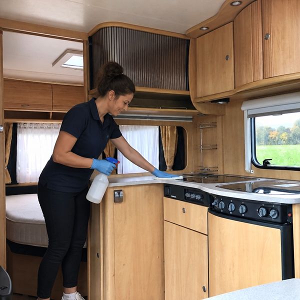 Eindschoonmaak caravan binnen en buiten | Campin Professionele eindschoonmaak van een caravan aan de binnenzijde door Campin.