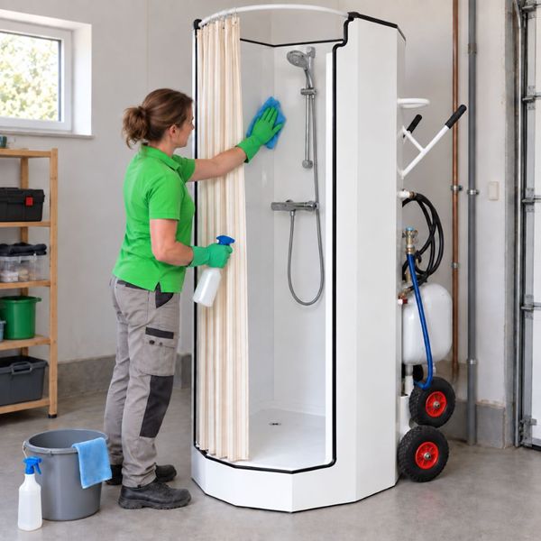 Eindschoonmaak mobiele douche Medewerkster van Campin reinigt en ontkalkt een mobiele douche na de huurperiode.
