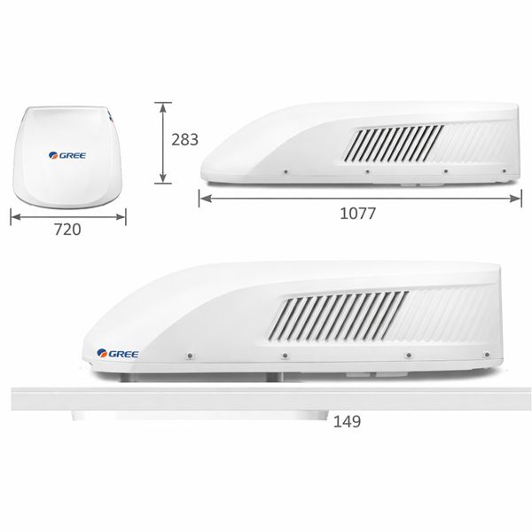 Afmetingen GREE dakairco 2.6kW Afmetingen van GREE dakairco 2.6kW met lengte breedte en hoogte