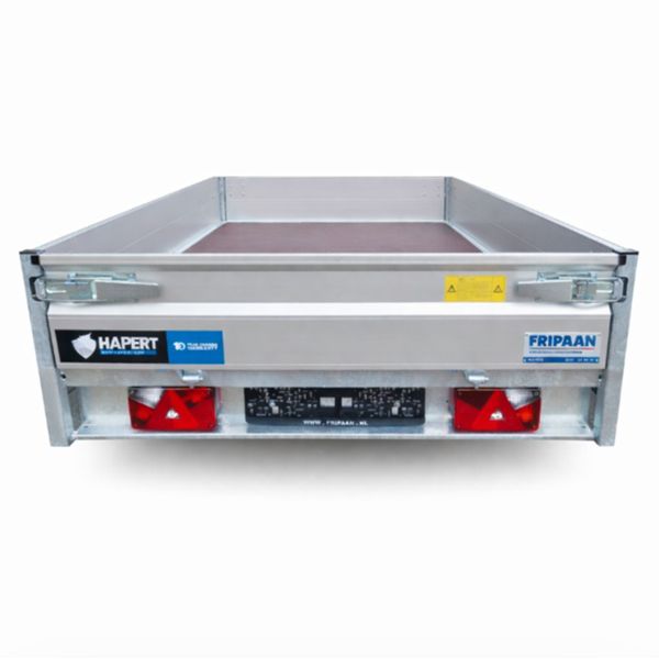 Plateauwagen Hapert Azure H-1 1350kg – achteraanzicht Achteraanzicht van enkelas plateauwagen Hapert Azure H-1 1350kg 260x150 met neerklapbare achterklep