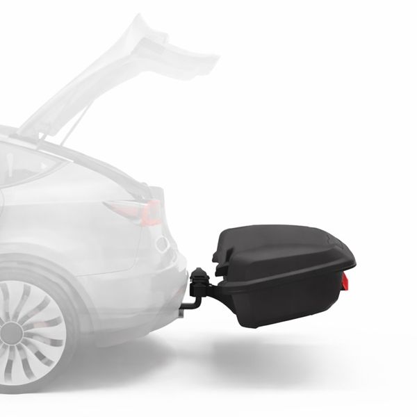 Bagagebox gemonteerd op trekhaak achter een auto, met transparante auto weergave