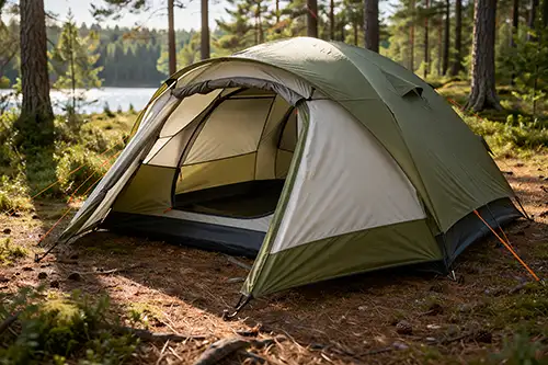 Kampeertent en outdooruitrusting voor natuurvakantie 