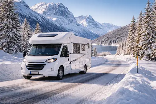 Winterreizen met caravan of camper in bergachtig gebied 